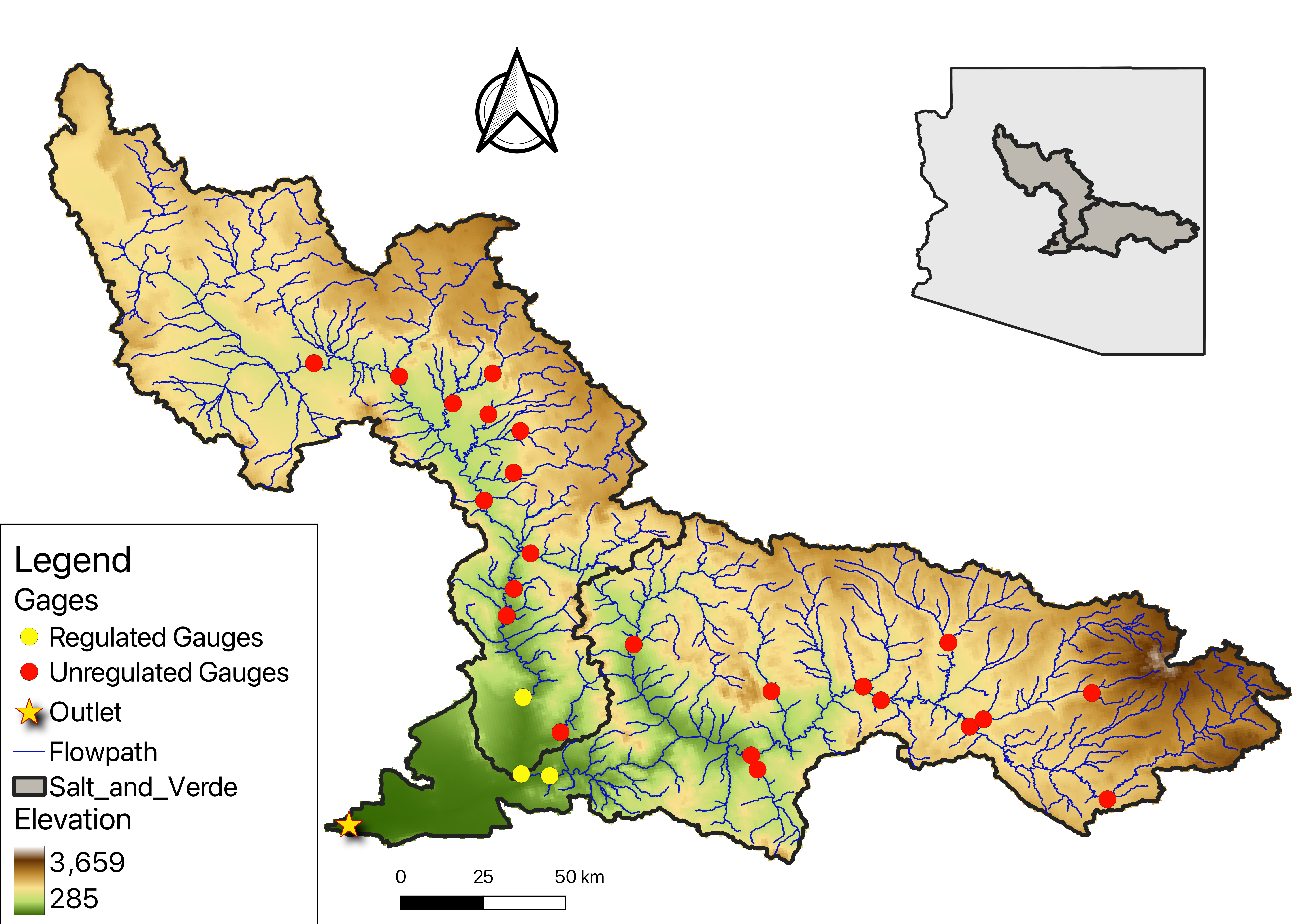 Salt-Verde watershed and directed river network for RiverGraphNet